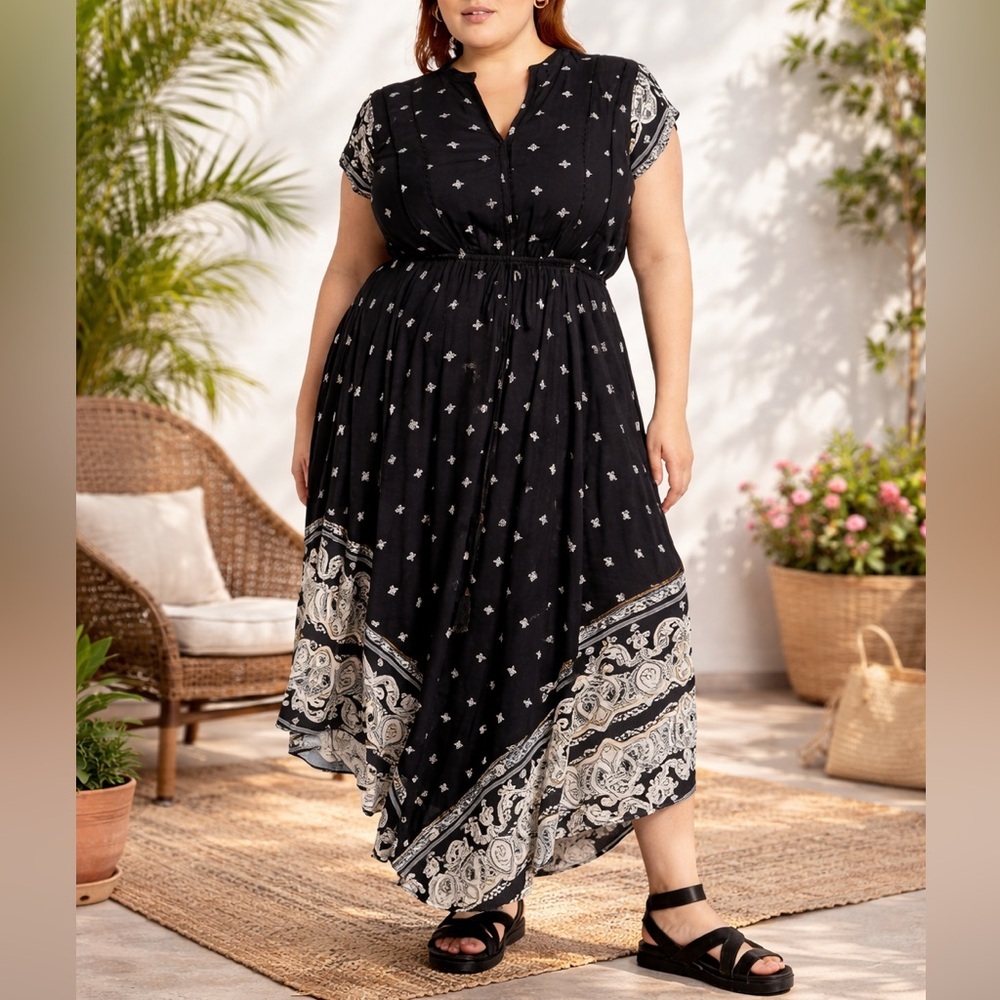 City Chic Black & White Short Sleeve Boho Maxi Dress |Elastic Waist |Flowy Sz 16